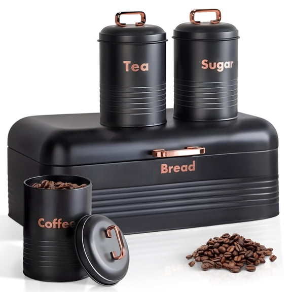 Plexon Metal Bread Box with Tea Coffee Sugar Container Set Black Bread Box for Kitchen Countertop with Canister Set of 4