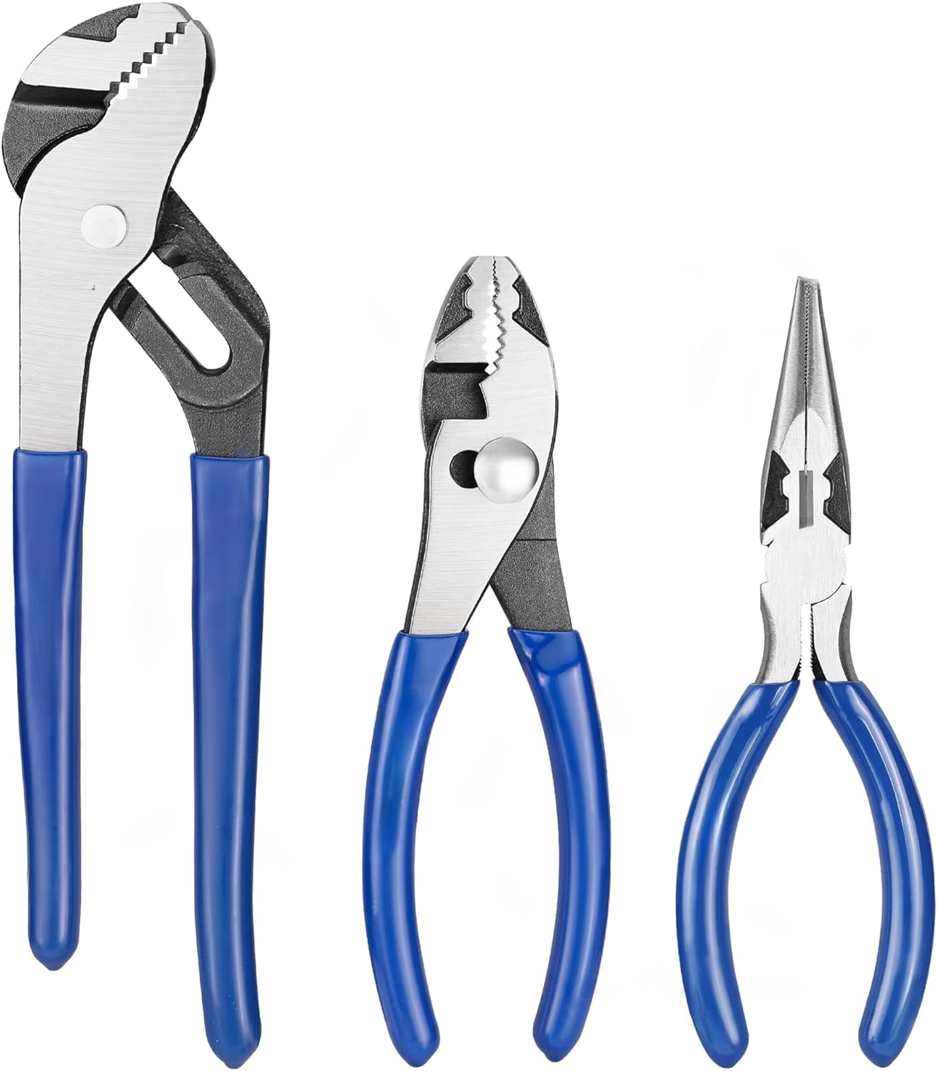 Pliers Set, 3-Piece Plier Tool Set with Soft Handle, 6" Needle Nose, 6" Slip Joint, 8" Groove Joint Plier for DIY & Home Use