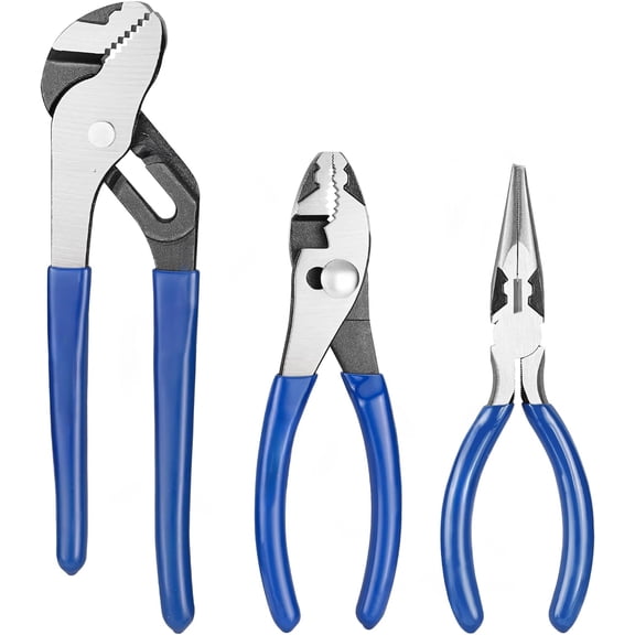 Pliers Set, 3-Piece Plier Tool Set with Soft Handle, 6" Needle Nose, 6" Slip Joint, 8" Groove Joint Plier for DIY & Home Use