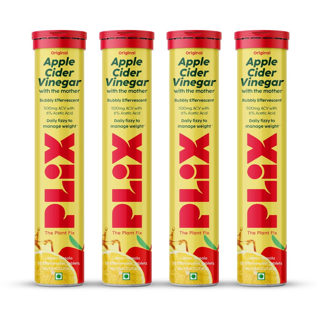 Plix - The Plant Fix Apple Cider Vinegar Effervescent Tablet With Mother For Weight Loss I With Vitamin B6 &amp;amp; B12 | Pack Of 4 Lemon Masala60