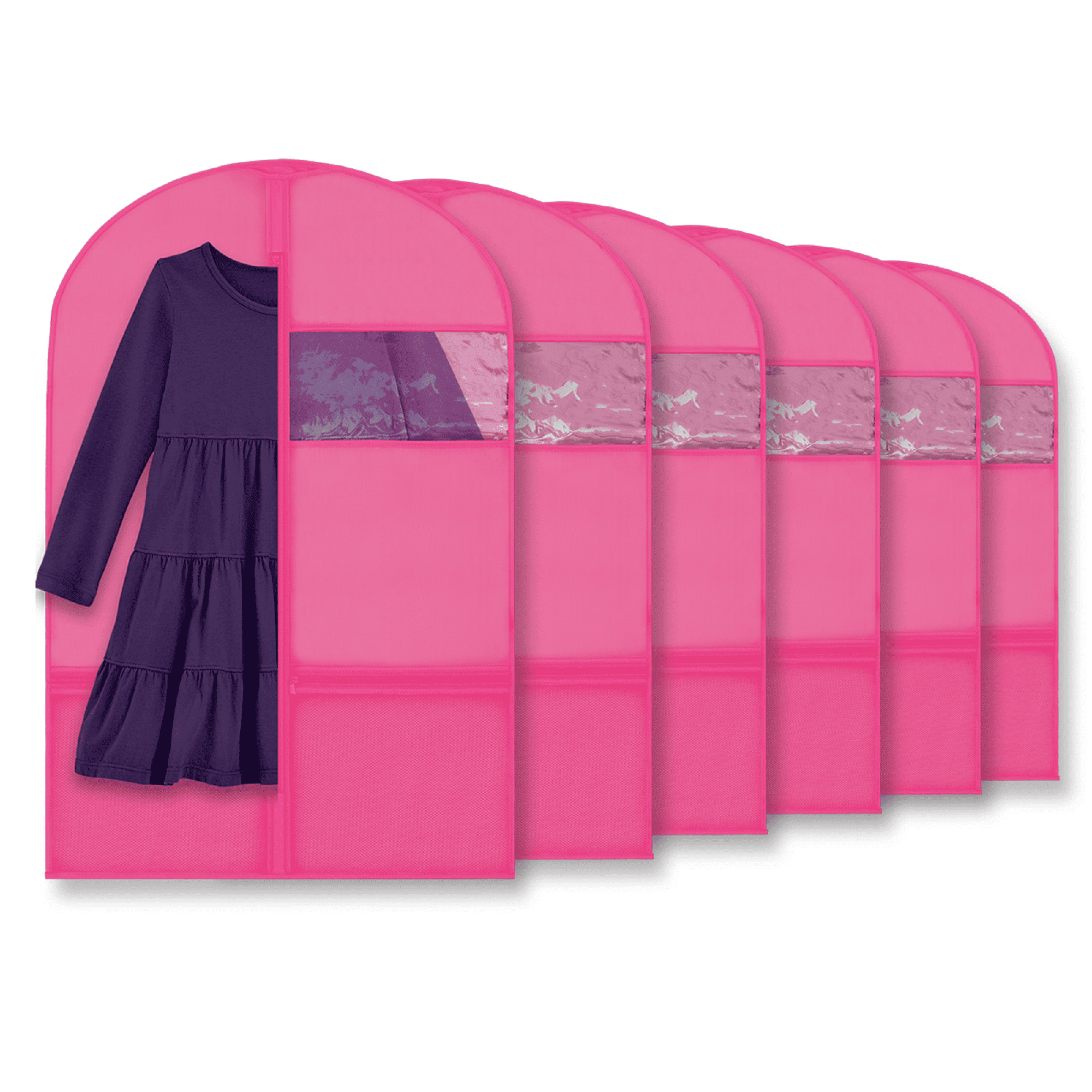 Plixio 36" Kids Garment Bags for Dance Costumes, Children Hanging Clothes, Uniform, Suits, Girls Dress Recital Closet Organizer Dance Garment Bags For Dancers w/ Zippered Pockets (6 Pack: 36" Pink)