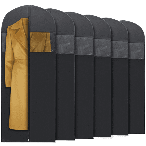 Plixio 60” Black Garment Bags for Hanging Clothes, Men Suit Bag for Travel and Clothing Closet Storage of Women Dress, Shirts, Coats, Suit Cover - Includes Zipper and Transparent Window (Pack of 6)