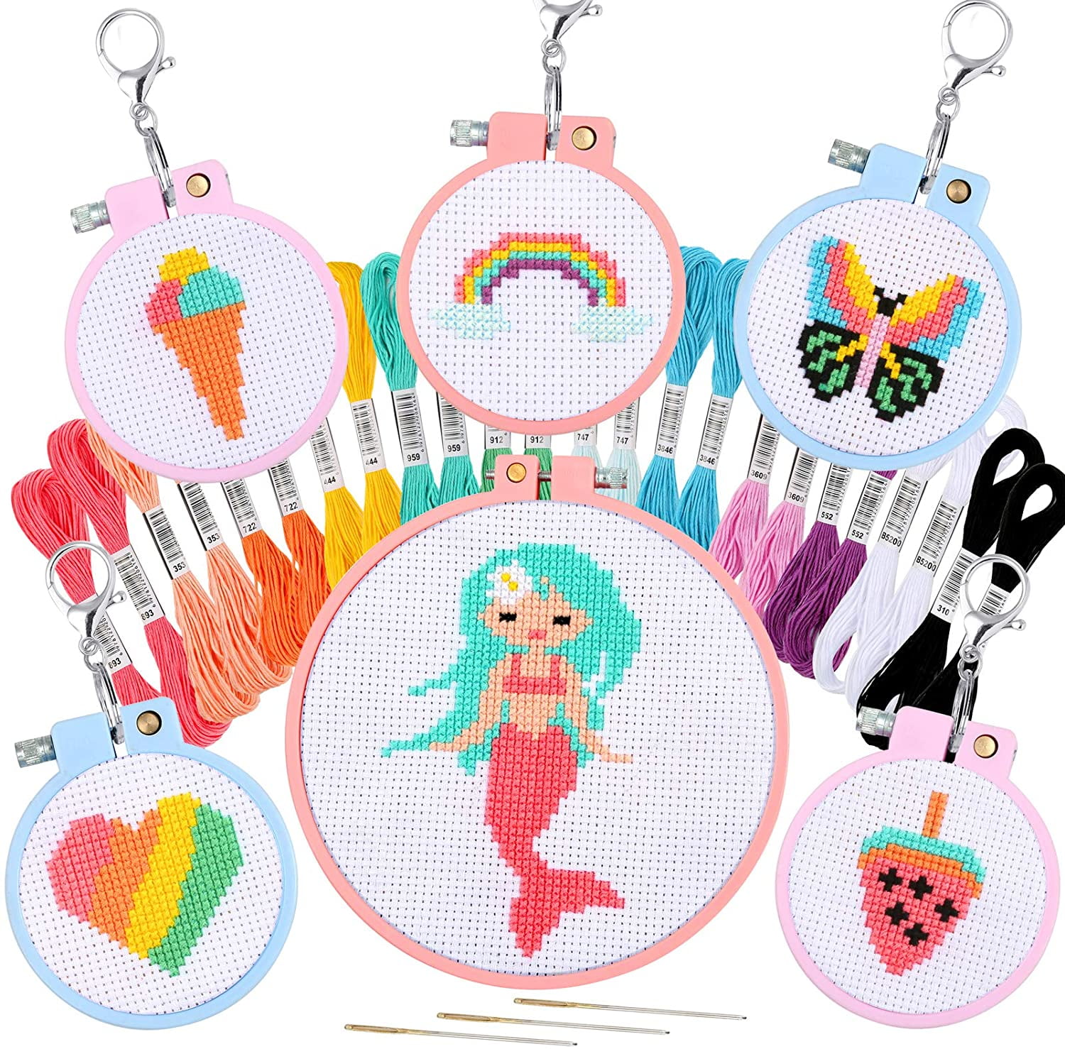chwang 6 sets cross stitch kits for kids 7-13 embroidery beginner stamped  kits with instructions, keychains, hoops for girls
