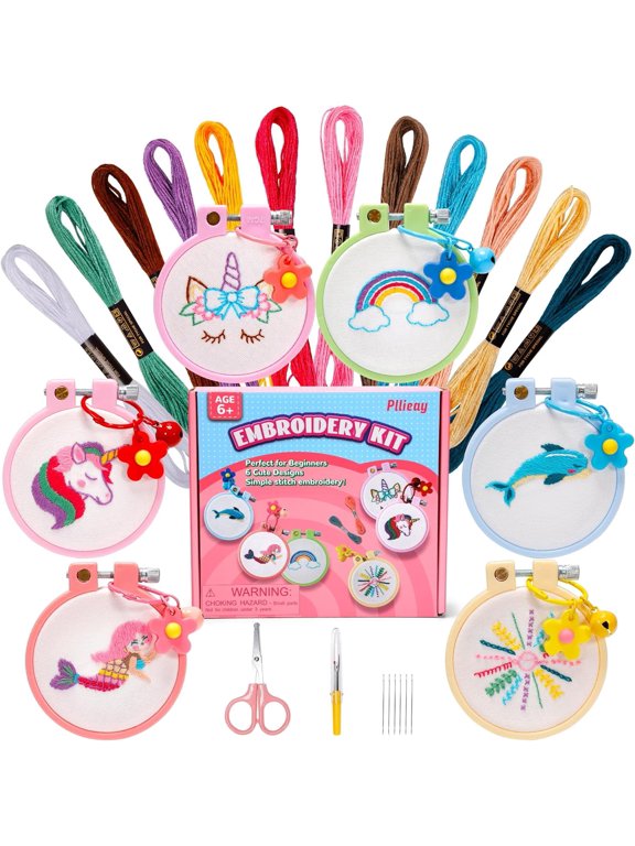 6PCS Embroidery Kit for Kids, Needlepoint Kits for Beginners with Pre-Printed Pattern, 6Pcs Hoop, Threads, Keychains and Instructions, Kids Cross Stitch Kits Supplies for Crafting