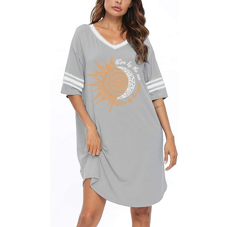 Plnotme Sleep Shirts for Women Short Sleeve V neck Cotton Night Shirt  Oversized Nightgowns Cute Loose Printed Nightdress