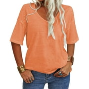 Plnotme Women Fashion V-Neck Half Sleeves Oversized T Shirt Solid Color Casual Loose Basic Tops S-2XL