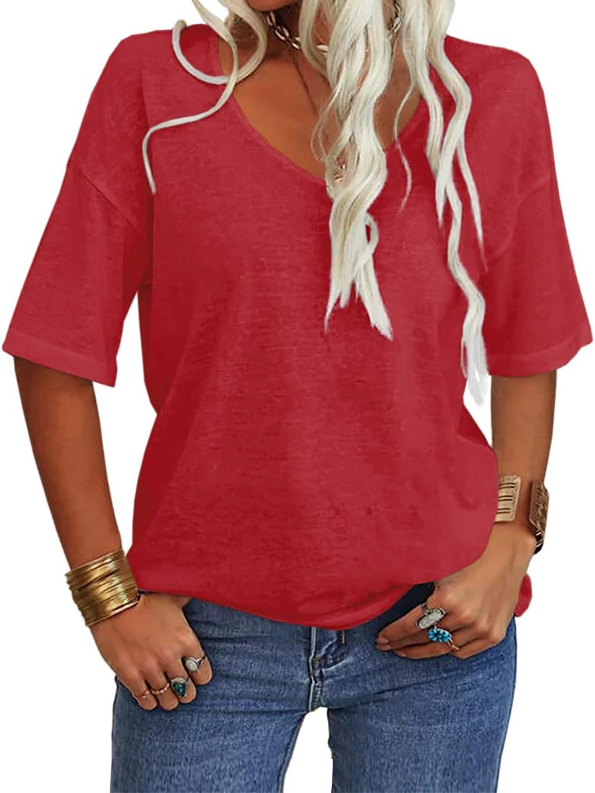 Plnotme women fashion v neck half sleeves oversized t shirt solid color