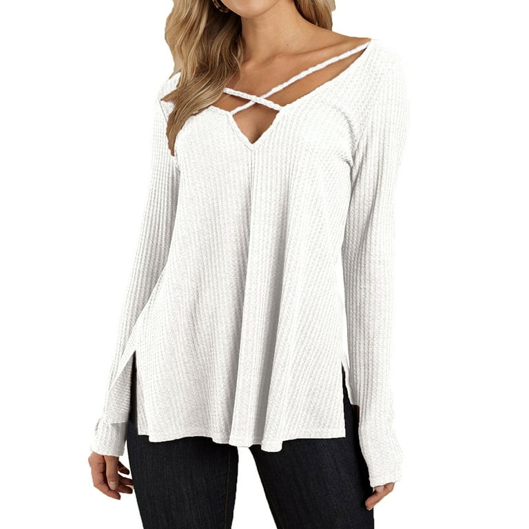 Plnotme Women's Long Sleeve Knit V-Neck Unique Crossover Front and Back Top Solid Color Loose Casual Simple Side Slit Tunic Shirt