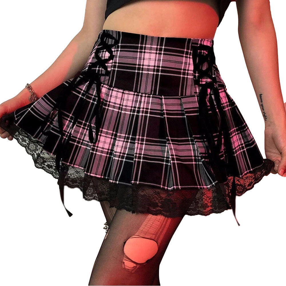 Plnotme Womens Lace Plaid Pleated High Waist Skirt Gothic Y2K JK 