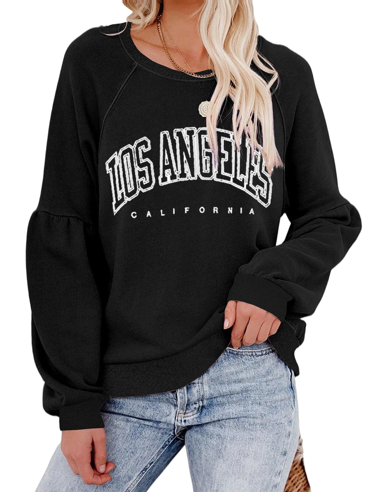 Womens Casual Plnotme Pullovers Solid Sweatshirt Neck Sweatshirt Loose Angeles Drop Sleeve Printed California Hoodies Letter Los Shoulder Long Round