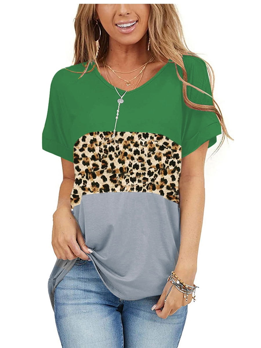 Women Leopard Print V Neck Short-sleeve T-shirt