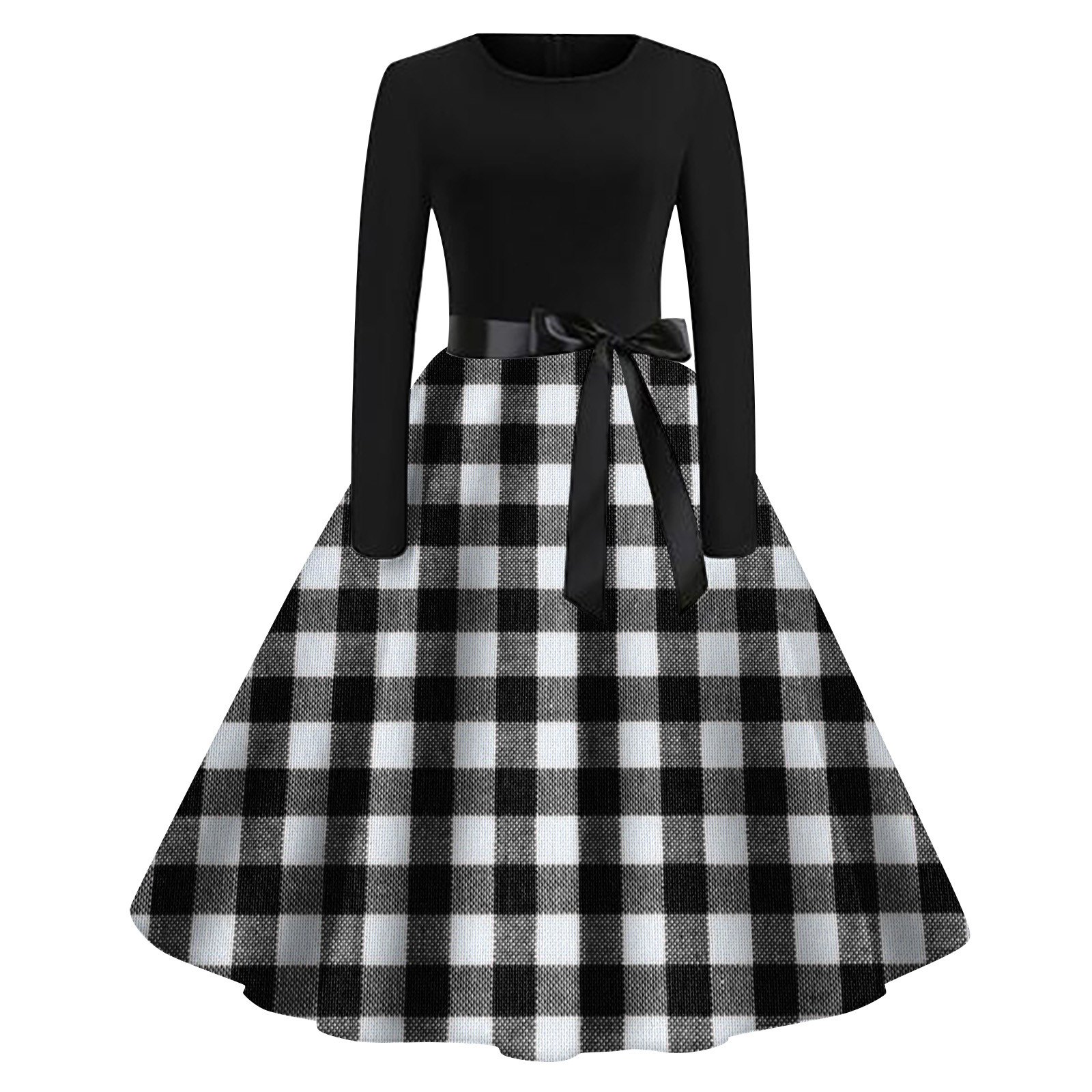 Ploknplq A-line Dress for Women Gingham Check Knee Length Round 