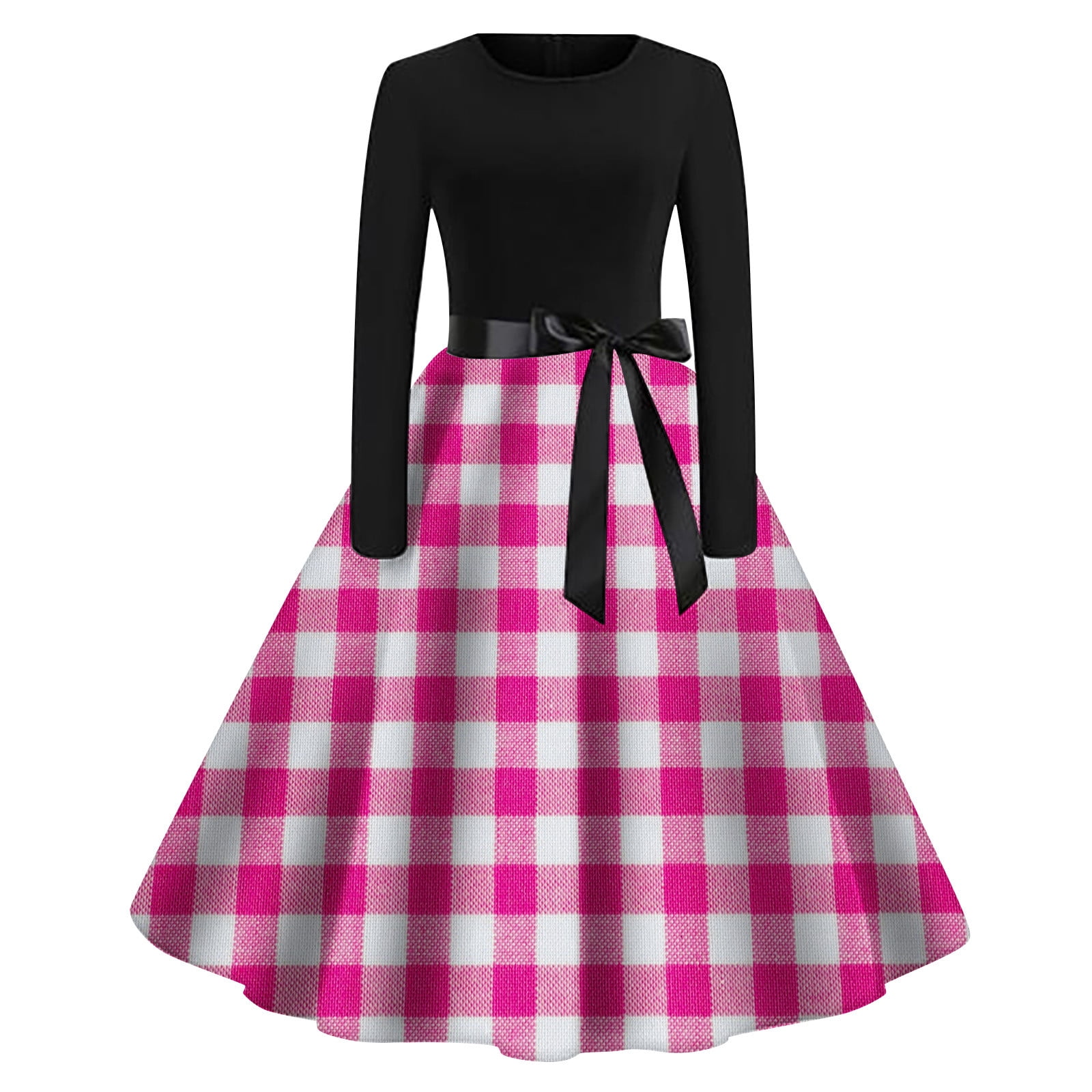 Ploknplq A-line Dress for Women Gingham Check Knee Length Round 