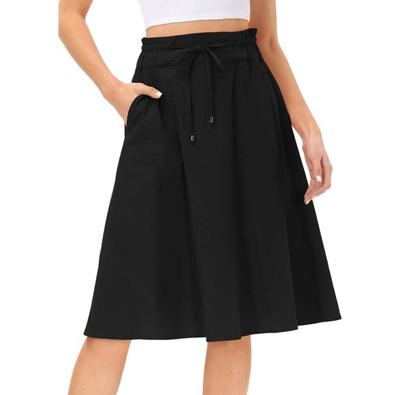 Ploknplq A-line Skirt for Women Solid Knee Length with Pocket Black Skirt for Women Black M