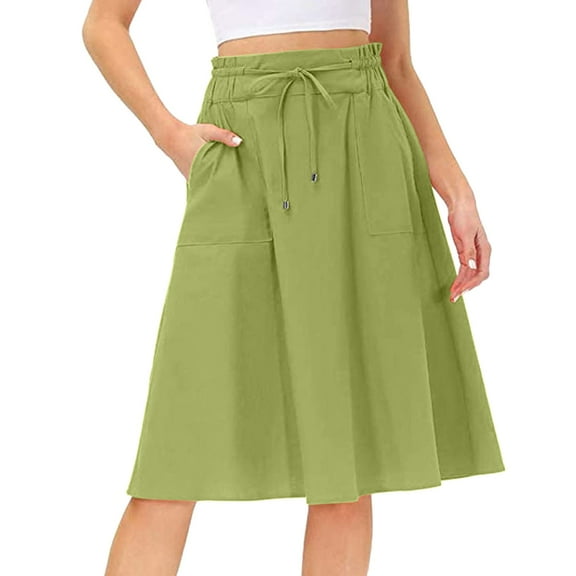 Ploknplq A-line Skirt for Women Solid Knee Length with Pocket Black Skirt for Women Green M
