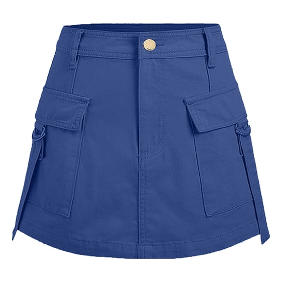 Ploknplq Cargo Skirt for Women Solid Mini Length with Pocket Mini Skirt Blue 2 L