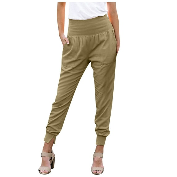 Ploknplq Fall Clothes for Women 2023 Women's Pants Solid Color Women's High-Waisted Cropped Trousers with Split Ends Dress Pants Women Khaki M