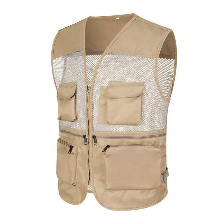 Ploknplq Fall Outfits Mens Vest Men's Casual Outdoor Work Fishing Travel  Photo Cargo Vest Jacket Multi Pockets Jackets for Men Beige XL