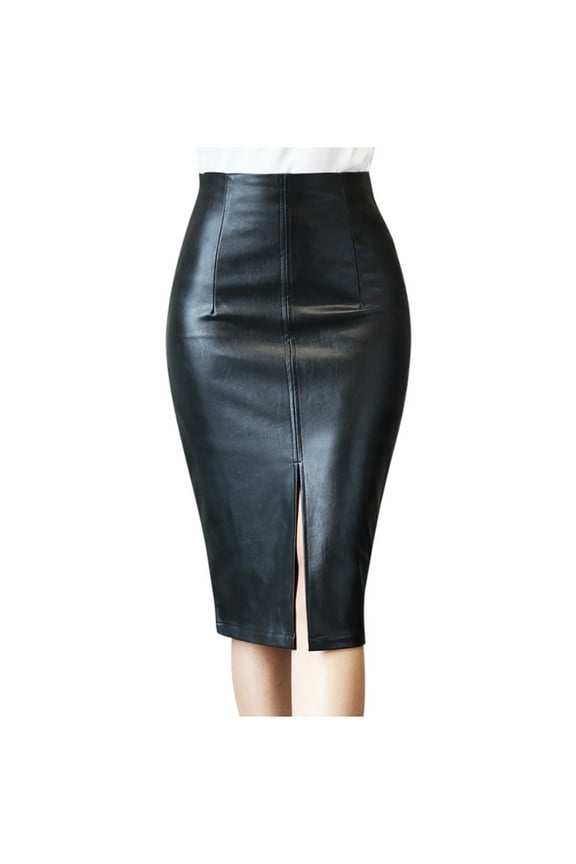 Faux Leather Skirt for Women Solid Knee Length Leather Skirt Black L