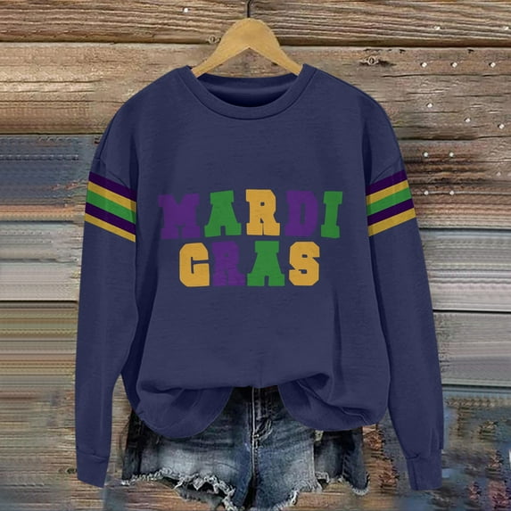 Ploknplq Graphic Tees for Women,Mardi Gras Long Sleeve Shirts for Women,Striped Sweater Women Purple Gold Green Women's Print Hoodless Sweatshirt,Mardi Gras Clothes,Sweatshirt for Women Z Navy S