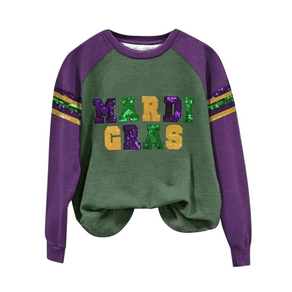 Ploknplq Mardi Gras Outfit for Women Mardi Gras Shirts for Women's Carnival Print Crew Neck Long Sleeve Top Mardi Gras Army Green 3XL