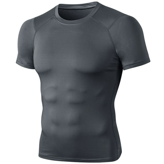Ploknplq Men's Compression Shirt Fitness Sports Short Sleeve T-shirt Tight Quick-drying Top Gray L