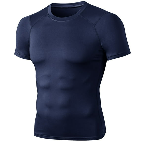 Ploknplq Men's Compression Shirt Fitness Sports Short Sleeve T-shirt Tight Quick-drying Top Navy L