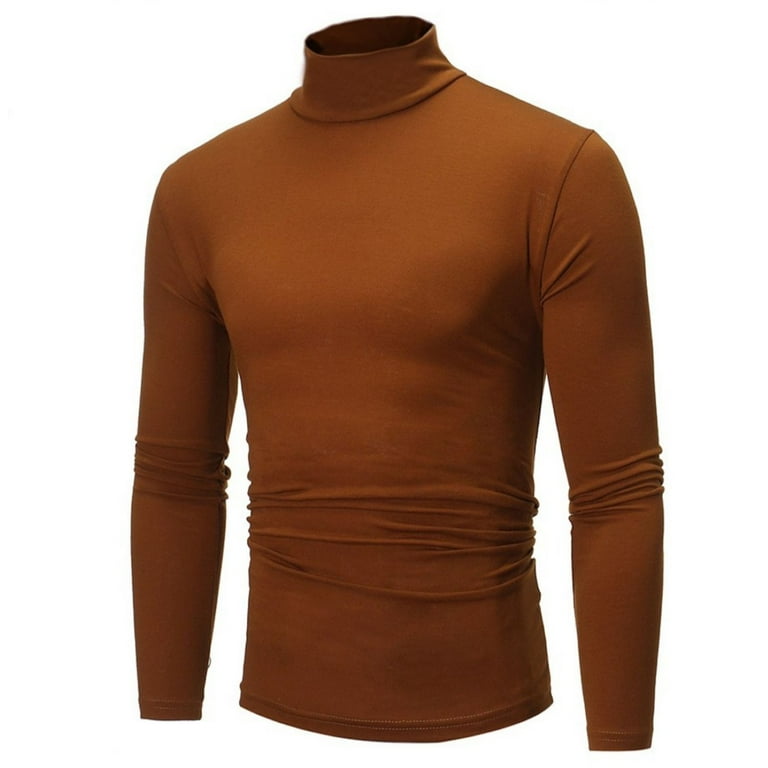 Ploknplq Men s Leisure Compression Shirt Brush Solid Relaxed Fit Hip Length Turtleneck Long Sleeve Pullover Style Coffee L Walmart