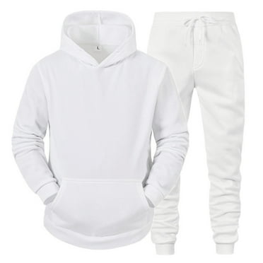 Ploknplq Men's Leisure Hoodie & Sweatpants Solid Active Fit Mid-length Crew Neck Long Sleeve Pull-on with Pocket, Mens Winter Coats, Mens Hoodies, Mens Sweatpants White XXL