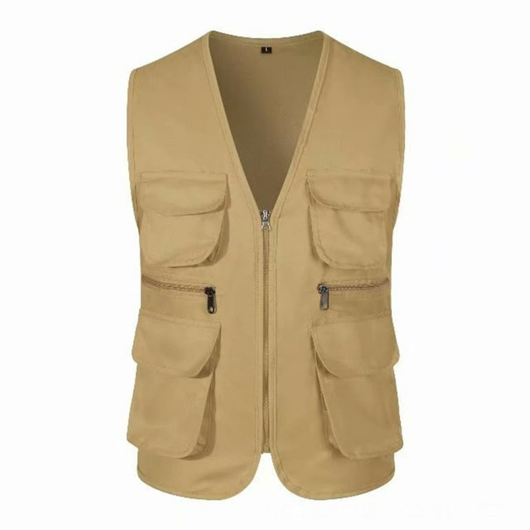 Ploknplq Mens Shirts Mens Vest Men's Casual Outdoor Work Fishing Travel  Photo Cargo Vest Jacket Multi Pockets Tank Tops Men Gold 3XL 