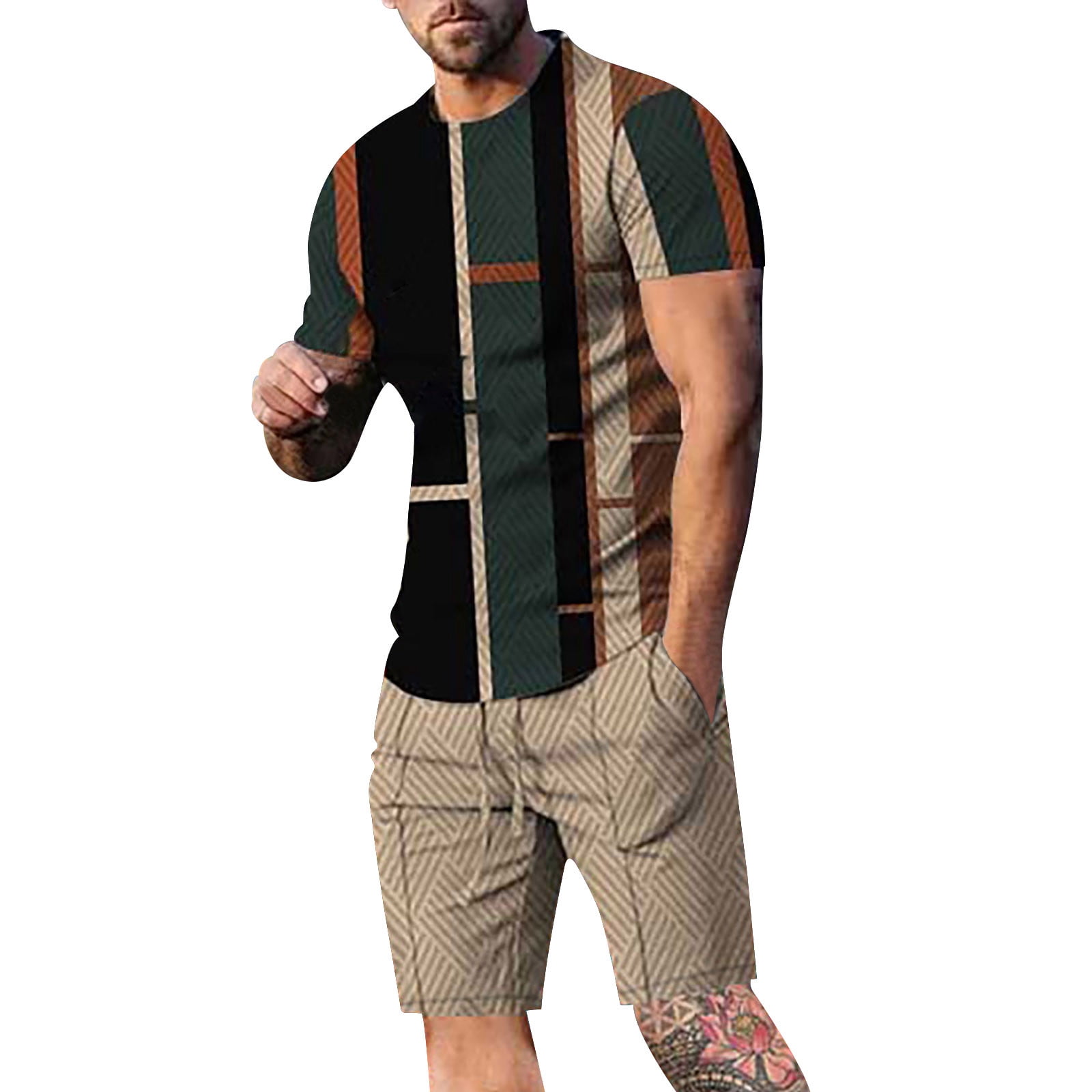 Ploknplq Mens Shorts Workout Shorts Men's Sport Set Summer Outfit 2 Piece Set Short Sleeve T Shirts and Shorts Stylish Casual Sweatsuit Set Running Shorts for Men Khaki XXL