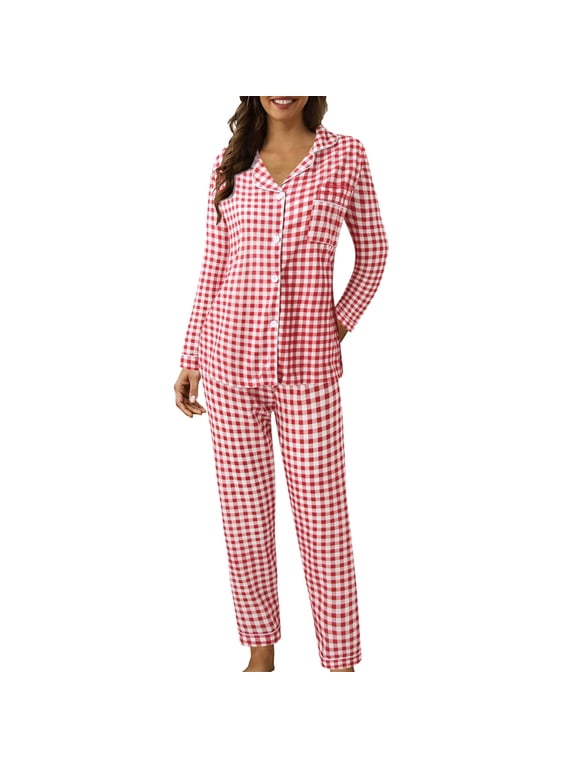 Pj Sets for Woman,Flannel Pajamas Women,Cotton Pajamas for Women Set,Lapel Button Plaid Print Two Piece Pajamas Pajamas Suit,Plus Size Lounge Sets for Women,New Years Pajamas Red M