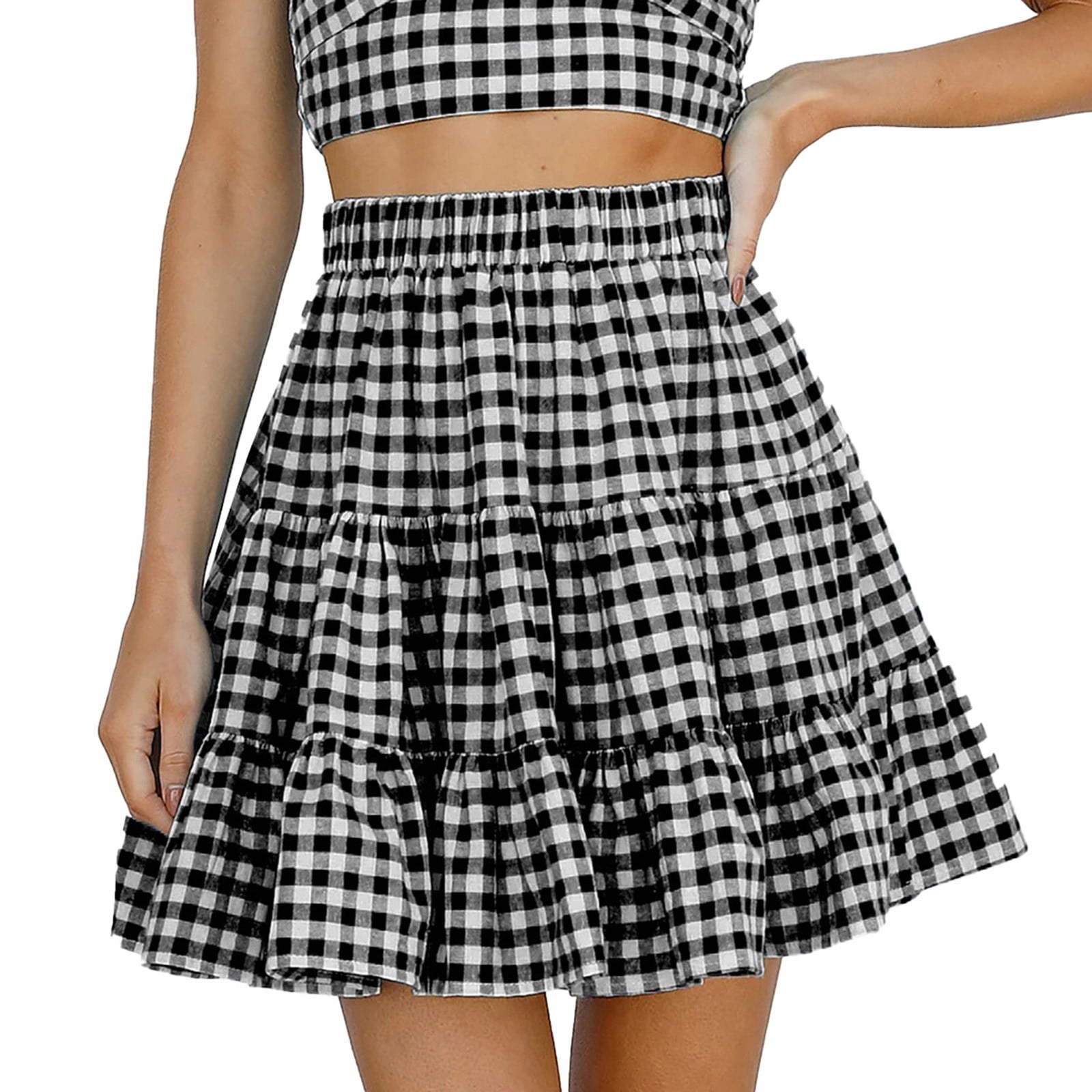 Ploknplq Women s Tiered A line Gingham Check Mini Skirt Black XL Walmart
