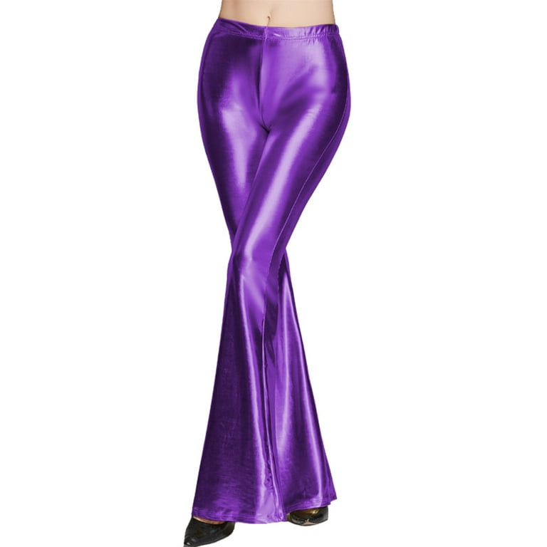 Ploknplq Women s Pu Leather Flare Pants Shiny Metallic Flared Pants High Waisted Stretchy Bell Bottom Wide Leg Pants Trousers Purple M