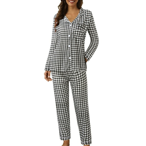 Ploknplq Women's Sleepwear,Women Thermal Set,Silk Pajamas for Women,Women Casual Lapel Button Plaid Print Two Piece Long Sleeve Pajamas Pajamas Suit,Women's Pajama Sets,Lounge Set Black 1 XL