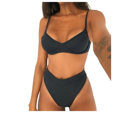 Ploknplq Women's Two-piece Swimsuit Bathing Up Piece Women Bikini Waist Swimwear Two Set High Printing Push Swimwears Tankinis Set Summer Swimwear Black L
