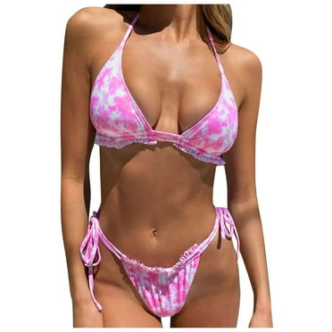Ploknplq Women's Two-piece Swimsuit Swimwear Summer Women's Split Gradient Tie-dye Swimsuit Bikini Pleated Swimwears Tankinis Set Summer Swimwear Pink M