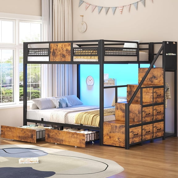 Plonmago Bunk Bed Full Over Full with Stairs, LED Lights Full Bunk Beds with 2 Storage Drawers & 6 Fabric Drawers, Metal Full Loft Beds with Safety 13.4" Guardrail, Space Saving, Rustic Brown