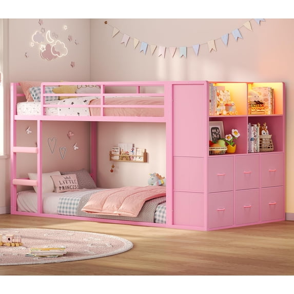 Plonmago Bunk Bed Twin Over Twin with 6 Large Fabric Drawers & 4 Storage Bookshelf, Metal Low Bunk Bed with LED Lights & Ladder,13.5"Guardrail, Space Saving,Pink