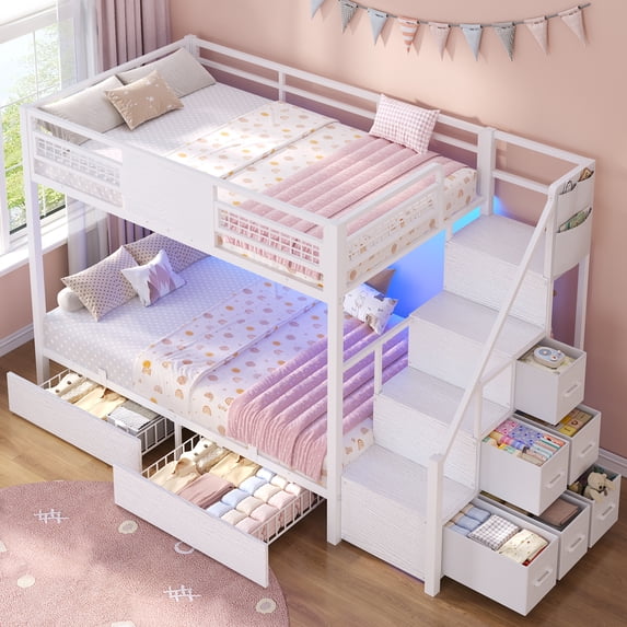 Plonmago Bunk Bed Twin Over Twin with LED Lights\Storage\Guardrail & Stairs, Twin Bunk Bed with 8 Storage Drawers, Metal Twin Loft Beds,Space Saving, Sturdy Frame,White