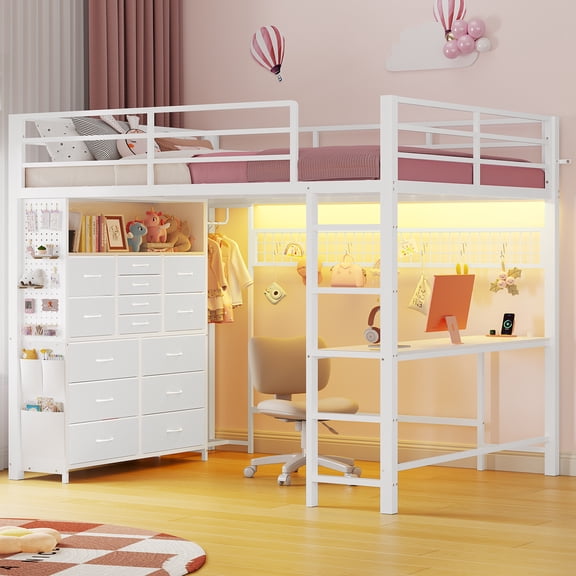 Plonmago Full Size Loft Bed with Desk & Power Outlet & LED Lights,Full Loft Beds with 14 Storage Drawers,Pegboard, Metal Loft Bed with Safety Guardrail & Ladder, White