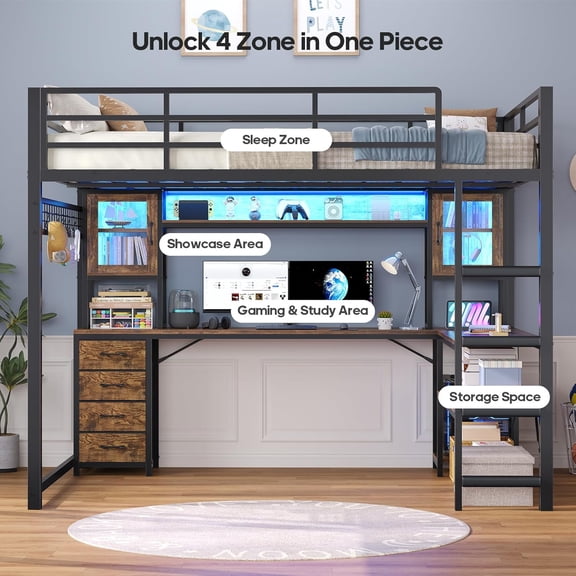 Plonmago Loft Bed Full Size with Gaming Desk, Storage Drawers,Metal Loft Bed Frame with LED Lights and Power Outlet,Space Saving Gaming Loft with Guardrail & Ladder, Brown
