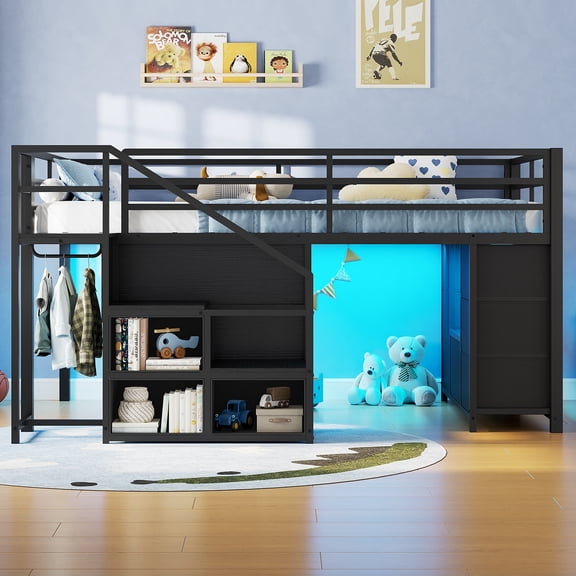 Plonmago Low Loft Bed Twin Size with LED Lights,7 Storage Drawers & 3 Open Cubbies & Handy Clothes Rail, Loft Bed with Stairs,Guardrail, Under-Bed Play Area, Black