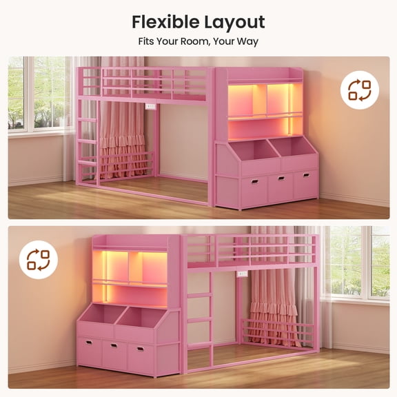 Plonmago Low Twin Over Twin Size Bunk Bed With Bookshelf & Storage Drawers, Metal Floor Bunk Bed With Rgb Lights & Charging Station, Guardrail & Ladder, Small Space, Pink