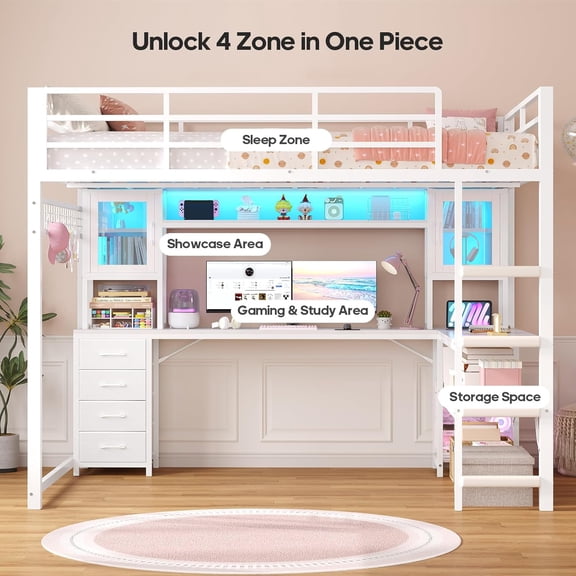 Plonmago Metal Loft Bed Frame Twin Size with Gaming Desk and Storage Drawers, Hutch, USB Power Outlet, Metal Loft Bed with RGB Lights, Space Saving Loft,Guardrail & Ladder, White