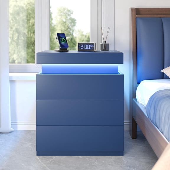 Plonmago Nightstand with Charging Station and LED Lights,Sliding Top,Bedside Table with Drawers,Modern End Side Table for Bedroom,Navy Blue