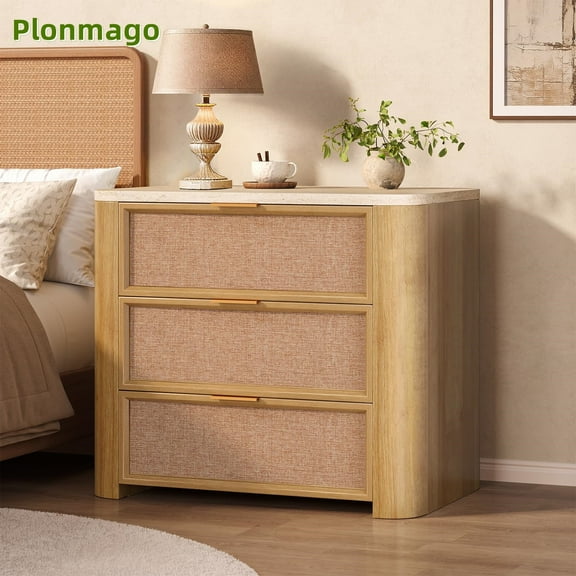 Plonmago Rattan Nightstand with 3 Storage Drawers,Faux Marble Top, 26" Wide Wood Bedside Table for Bedroom Living Room, Thickened w/Curved Profile Design, Mid Century End Table,Natural Oak