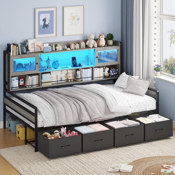 Plonmago Twin Size Daybed with Storage Headboard & 4 Drawers,3-Tier Bookshelf, Day Bed with Lights & Charging Station, LED Corner Bed Frame for Bedroom-Living Room-Guest Room, Grey