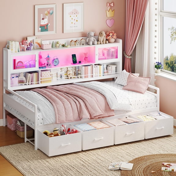 Plonmago Twin Size Daybed with Storage Headboard & 4 Drawers,3-Tier Bookshelf, Day Bed with Lights & Charging Station, LED Corner Bed Frame for Bedroom-Living Room-Guest Room,White