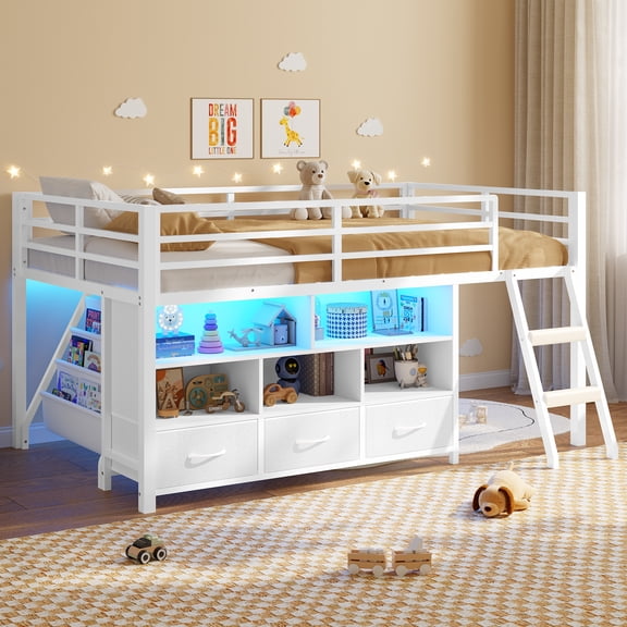 Plonmago Twin Size Loft Bed with 3 Storage Drawers, 3-Tier Bookshelf, 5 Open Cubbies,Metal Bed Low Loft Bed with LED Lights,Ladder,Guardrail, Space Saving,and Play Area,White